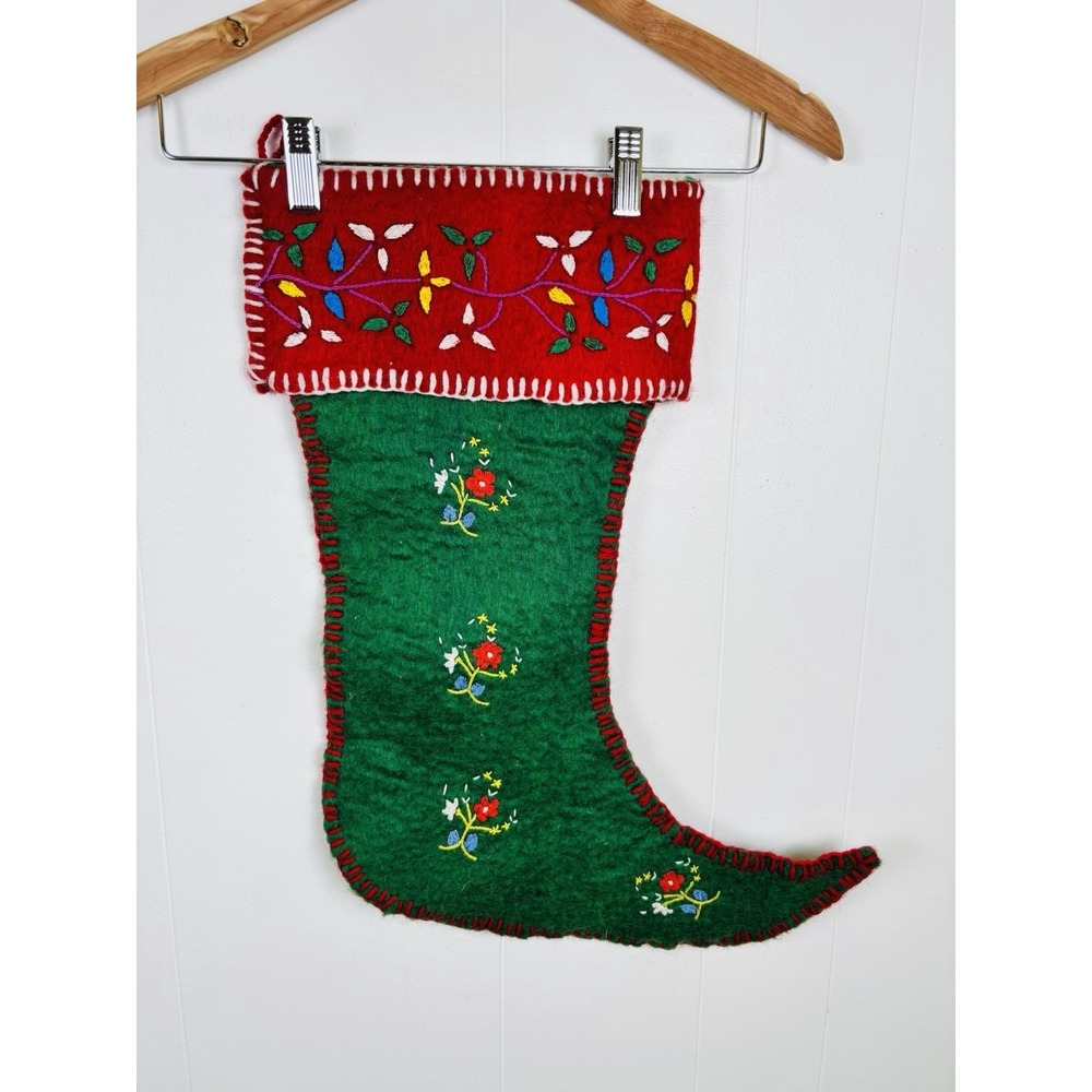 Vtg Felted‎ Wool Hand Embroidered Made in Nepal Double Sided Christmas Stocking